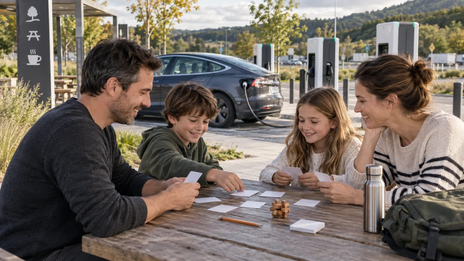 Une famille joue aux cartes près d’une voiture électrique branchée à une borne de recharge