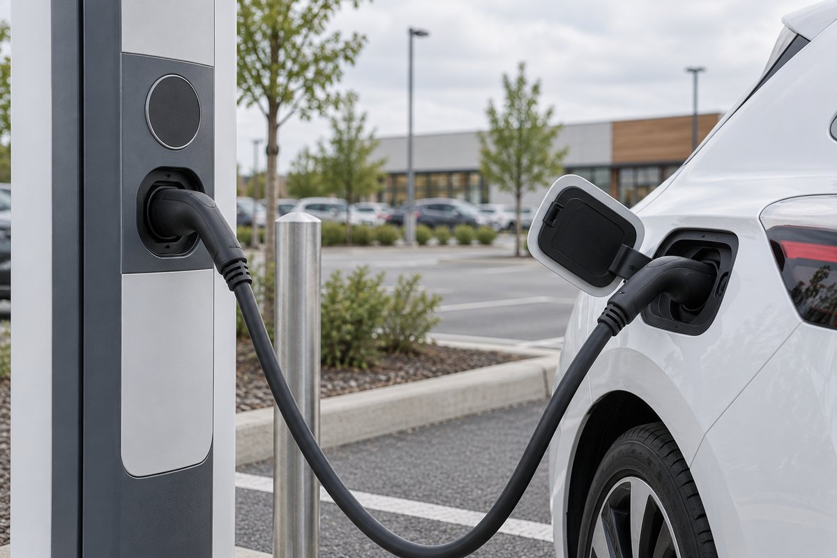 Câble Type 2 personnel branché entre une borne AC publique et une voiture électrique
