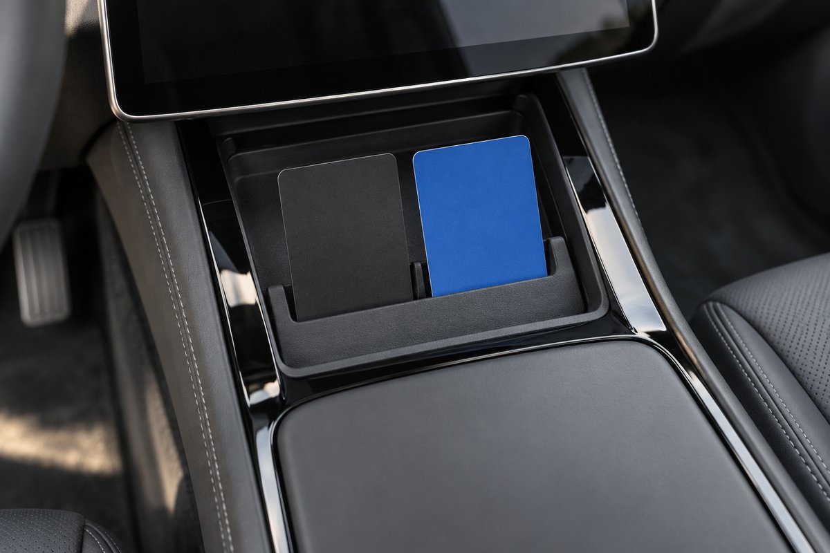 Carte-clé noire et badge de recharge bleu rangés dans un porte-carte de console