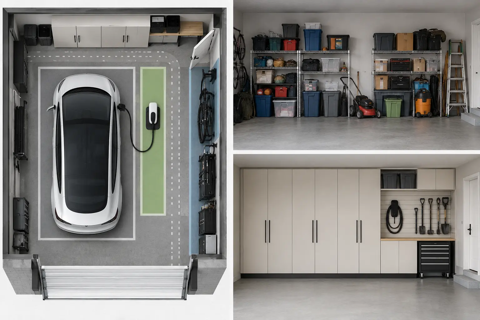 Plan du garage et comparaison avant après d'un mur de rangement