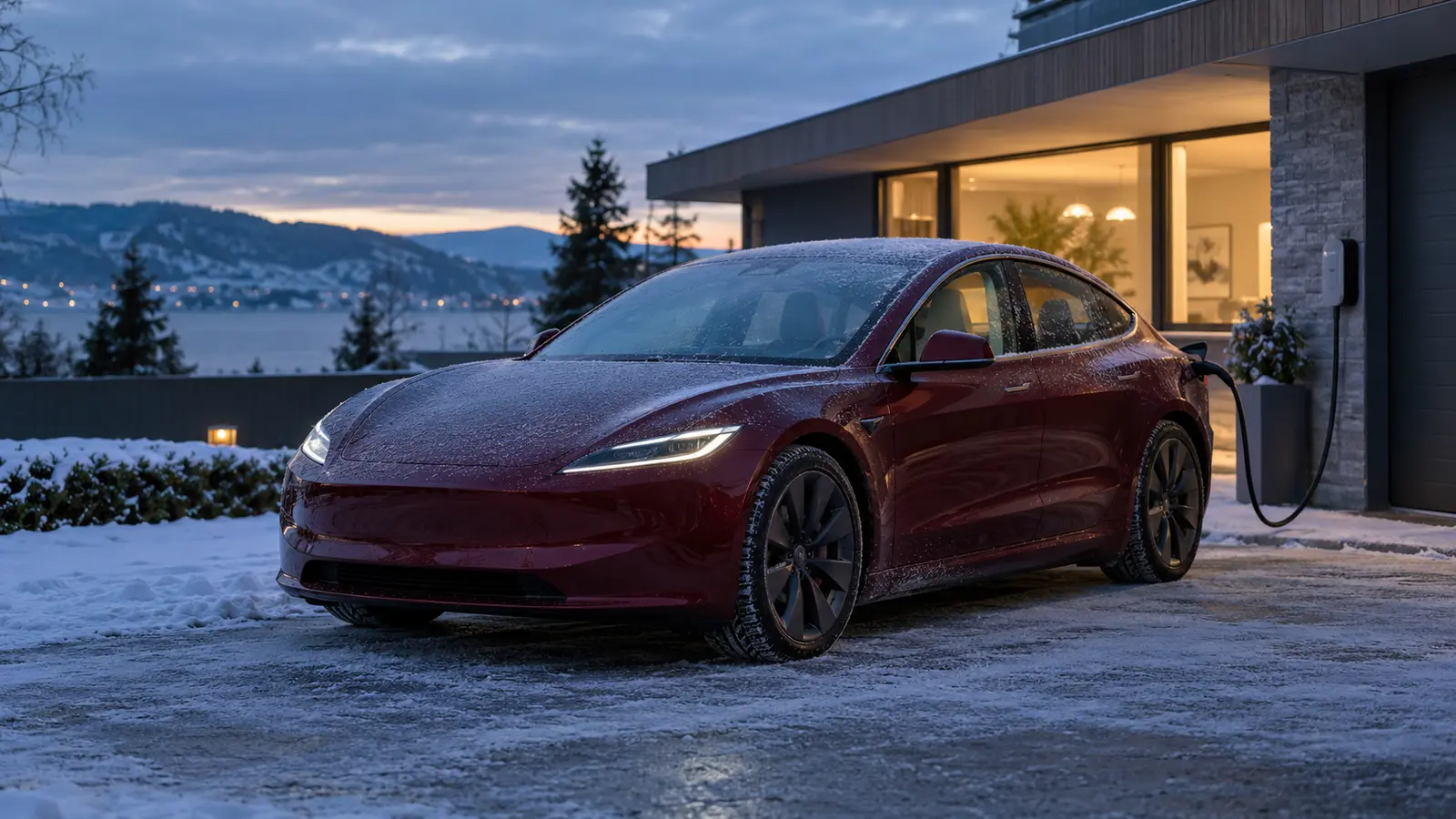 Voiture électrique branchée devant une maison enneigée pendant son préconditionnement hivernal