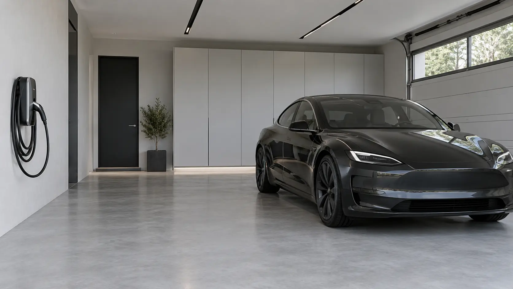 Garage clair avec voiture électrique, câble rangé et armoires fermées