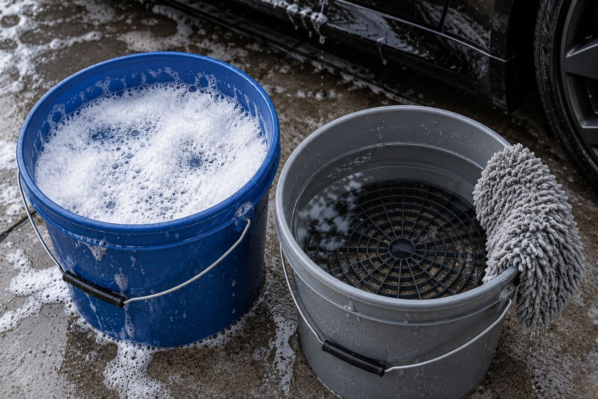Deux seaux de lavage, shampoing et eau claire avec grille anti-gravillons au fond