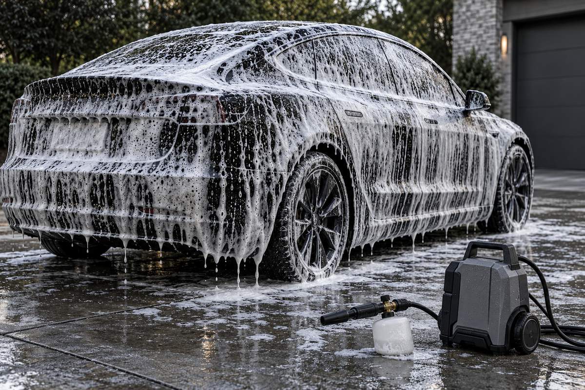 Berline électrique noire couverte de mousse de prélavage pendant le temps de pose