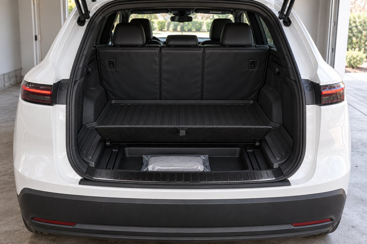 Coffre de SUV électrique avec tapis à rebords, seuil inox, dossier protégé et sous-coffre