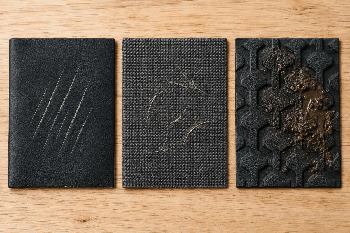 Trois échantillons de similicuir rayé, tissu Oxford intact et tapis élastomère boueux