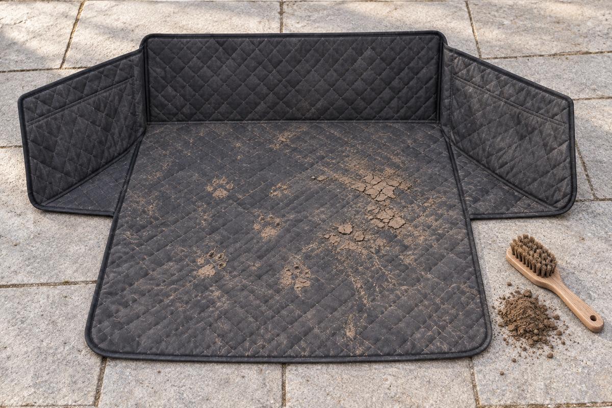 Housse de coffre grise étalée sur une terrasse avec boue séchée et brosse